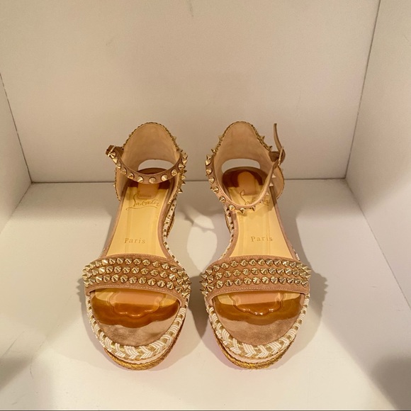 ❤️ Sold Christian louboutin Madmonica Espadrilles Wedge Sandals Spike Gold - Picture 11 of 14